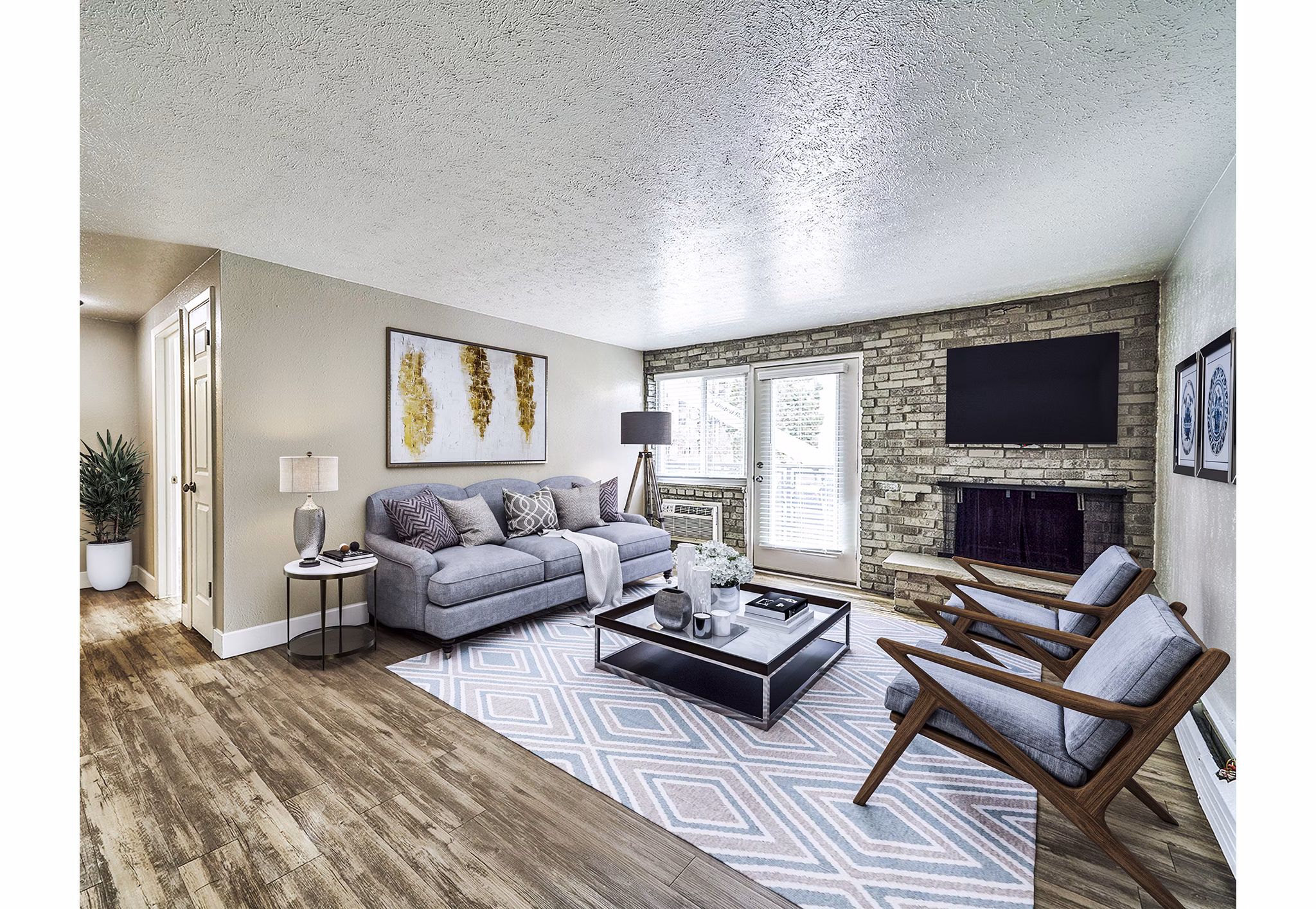 Spacious living room with contemporary design at Cambridge Place Apartments