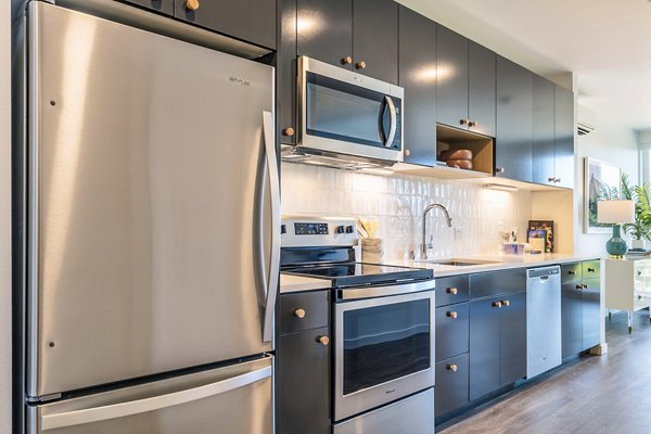 Modern kitchen featuring stainless steel appliances at Jackson Apartments, perfect for culinary enthusiasts in a luxury setting