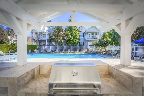 Community pool and grill area at Bradley Park Apartments offers leisure and entertainment for residents