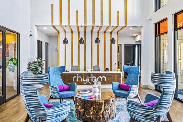 Clubhouse lobby featuring modern design elements at Rhythm Apartments
