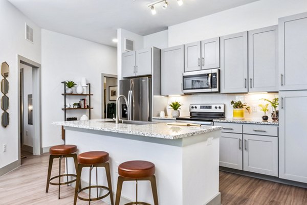 Modern kitchen with sleek stainless steel appliances at Rhythm Apartments, offering luxury living at Greystar's vibrant community
