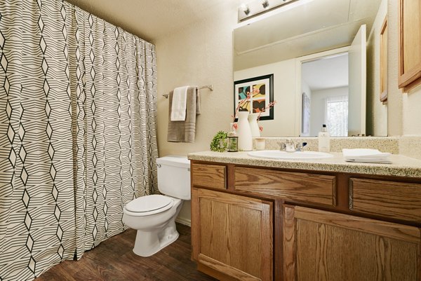 Luxurious bathroom with marble countertops and modern fixtures in Copper Ridge Apartments, perfect for a stylish living experience