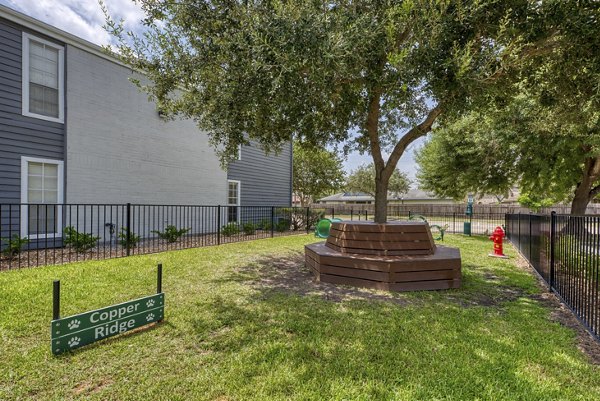 Spacious dog park at Copper Ridge Apartments with lush green areas and agility equipment for resident enjoyment