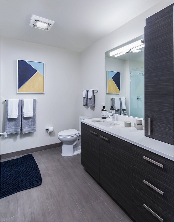 Modern bathroom with sleek fixtures at West Edge Apartments, featuring elegant design and contemporary amenities suitable for urban living