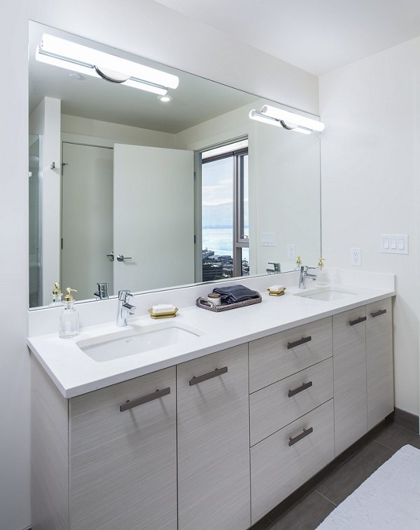 Luxurious bathroom featuring modern fixtures at West Edge Apartments