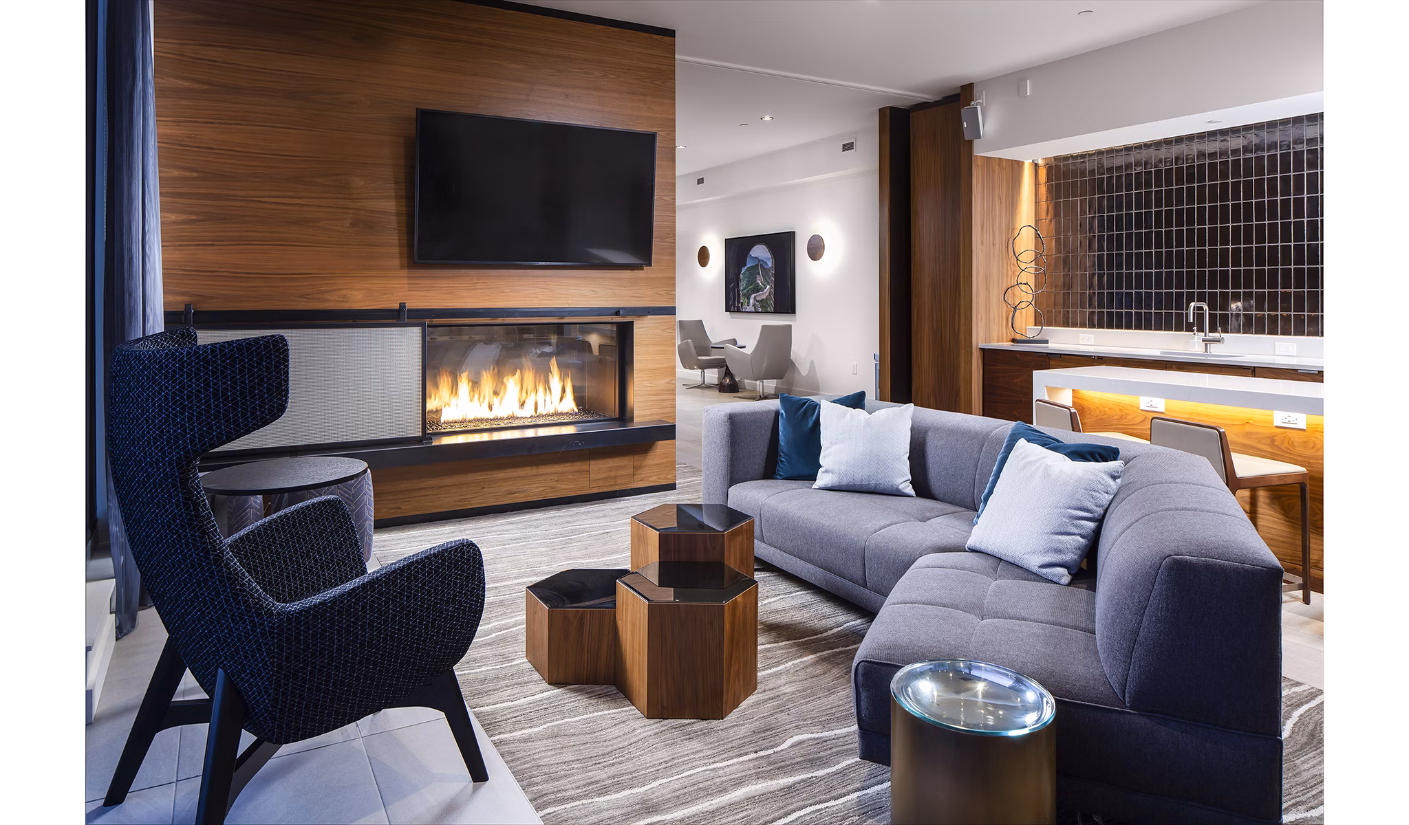 Clubhouse with modern design and seating at West Edge Apartments, a Greystar luxury community offering premium amenities for residents