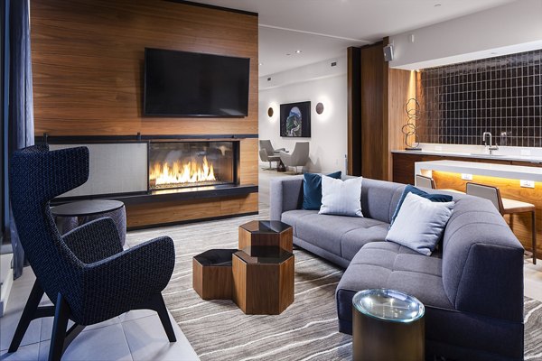 Clubhouse with modern design and seating at West Edge Apartments, a Greystar luxury community offering premium amenities for residents