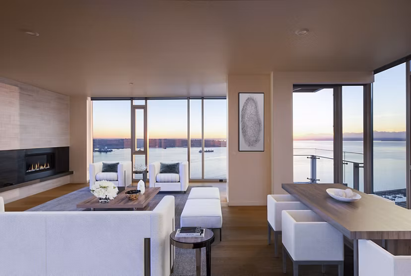 Spacious living room with modern furnishings at West Edge Apartments