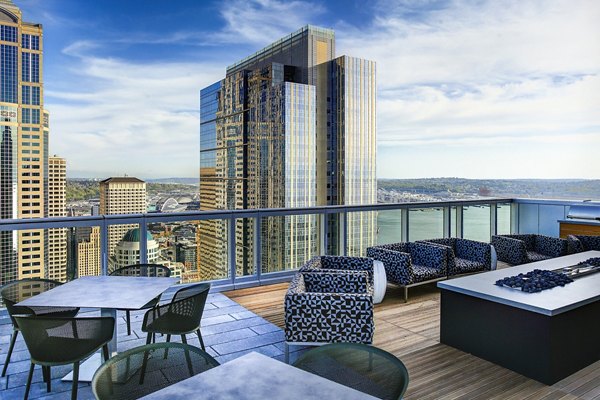 Private balcony with city views at West Edge Apartments in a luxury setting