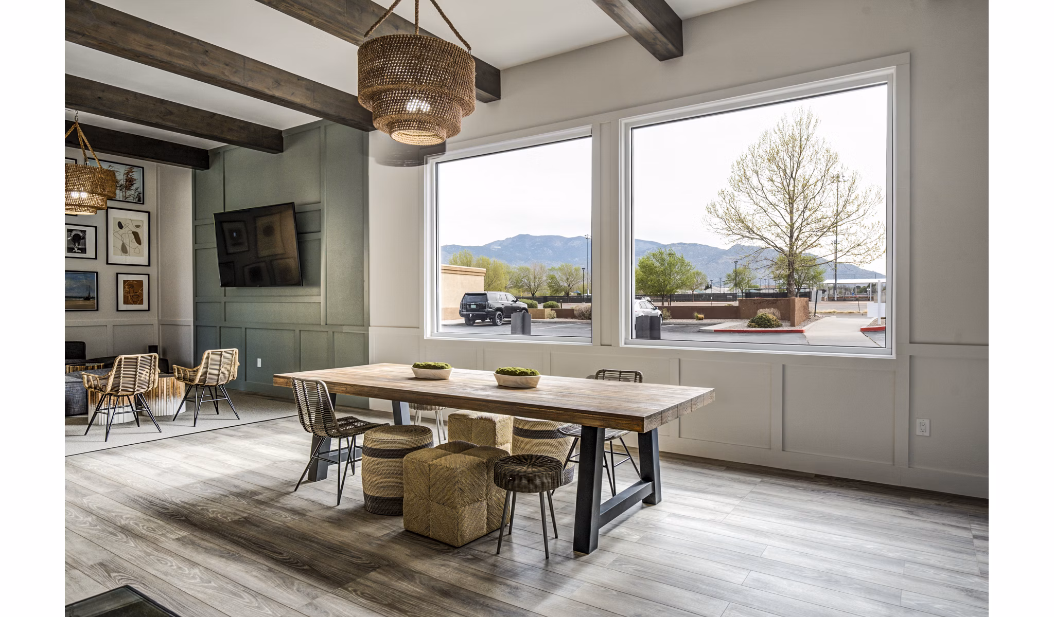 Modern clubhouse with stylish decor at Lumen Apartments, offering luxury living with premium amenities in a vibrant community setting