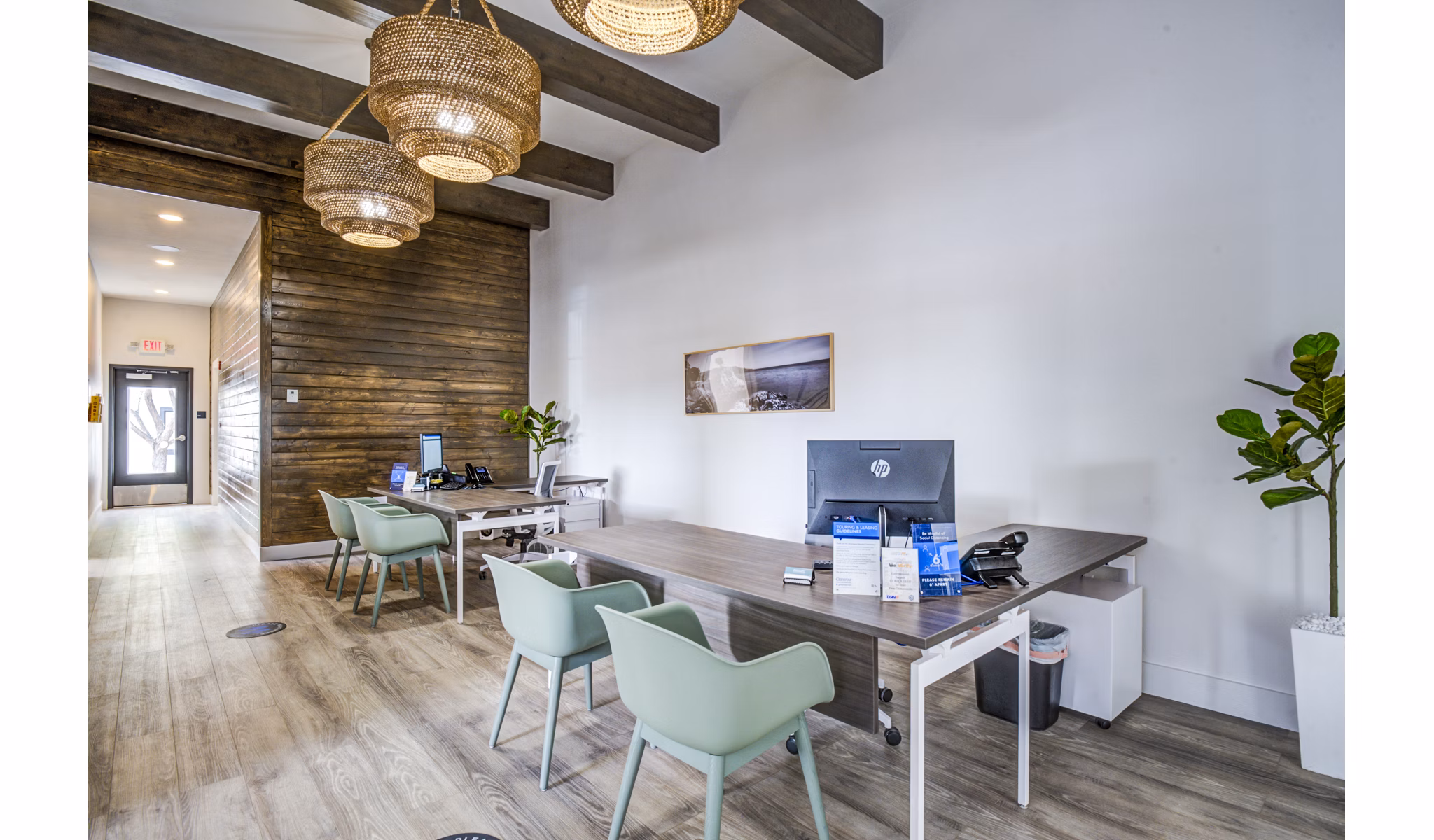 Modern leasing office with stylish decor at luxurious Lumen Apartments