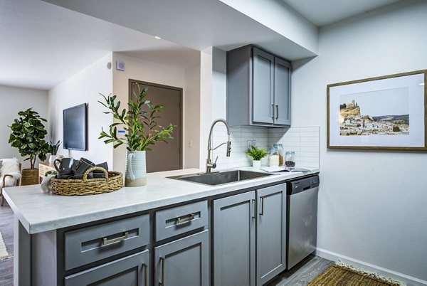 Luxurious kitchen with marble countertops and stainless steel appliances at Lumen Apartments