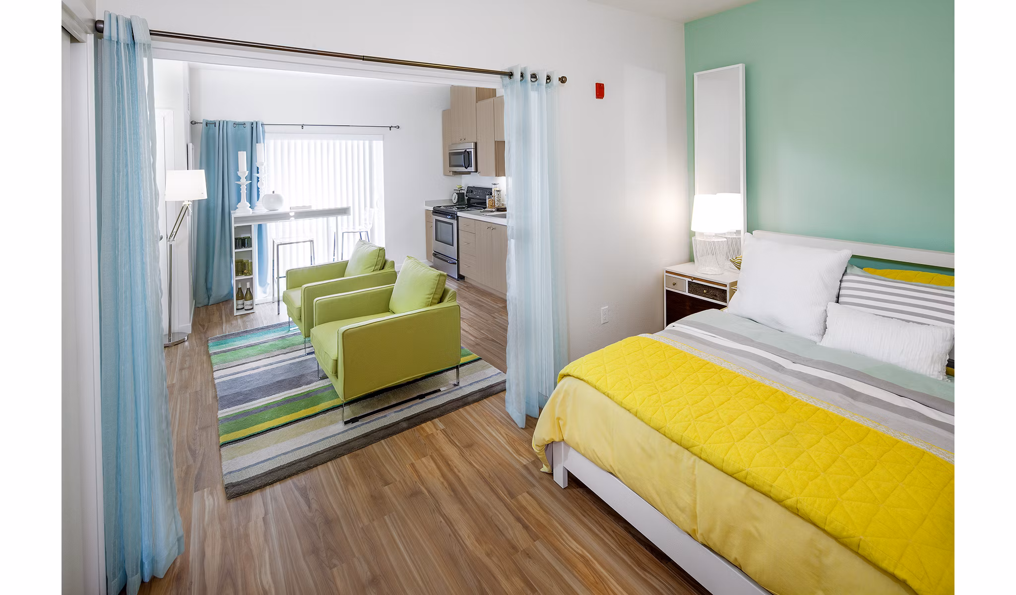 Cozy studio bedroom with modern dÃ©cor at Riverwalk Apartments