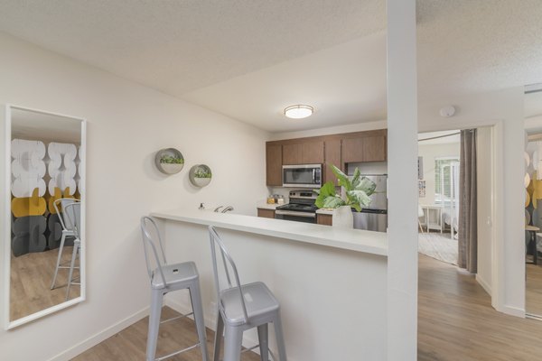 The Hilltop Apartments: Modern kitchen with sleek countertops and stainless steel appliances