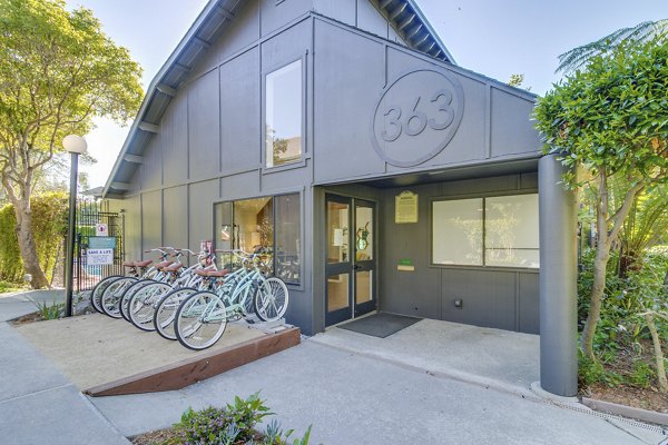Bike storage facility at The Hilltop Apartments featuring organized racks for secure bicycle parking