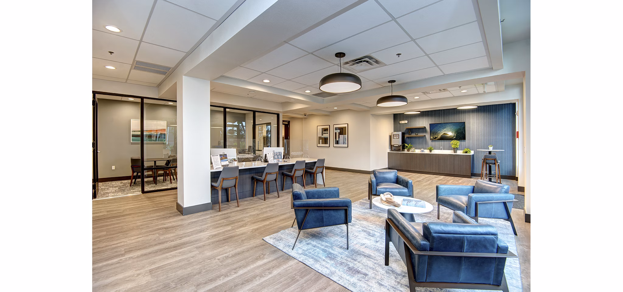 Stylish clubhouse featuring modern furnishings at The Pacifica Apartments