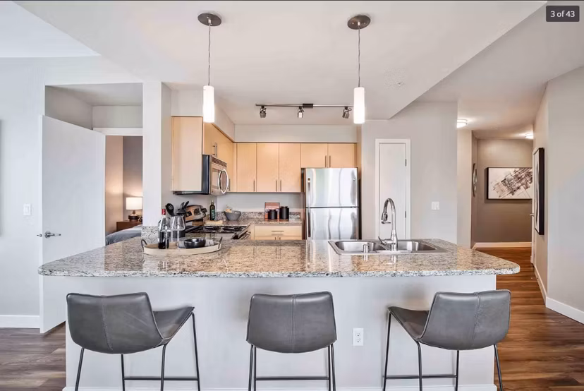The Pacifica Apartments: Modern kitchen with stainless steel appliances and granite countertops in luxury community