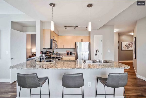 The Pacifica Apartments: Modern kitchen with stainless steel appliances and granite countertops in luxury community