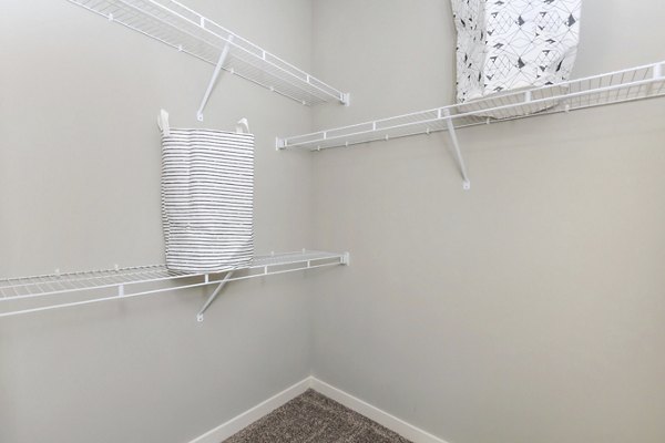 Closet featuring ample shelving and storage space in Vantage at Boerne Apartments luxury apartments