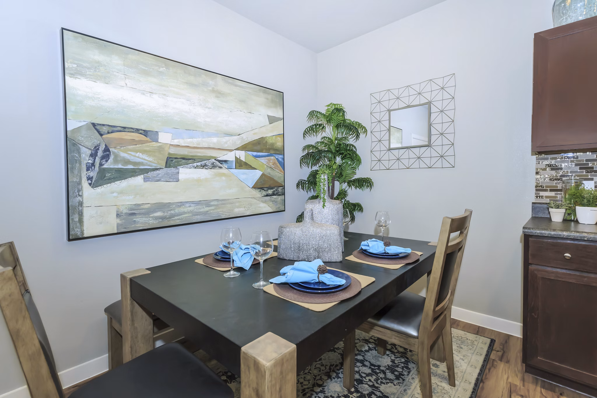Dining area featuring modern decor and elegant lighting at Vantage at Boerne Apartments