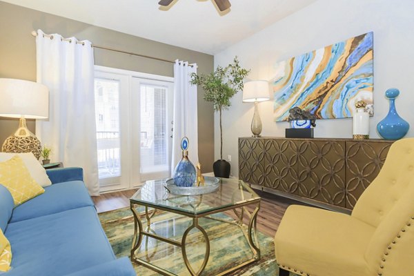 Spacious living room with modern furnishings in Vantage at Boerne Apartments