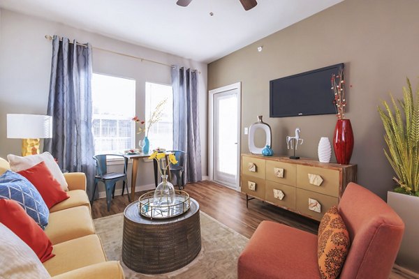 Elegant living room with modern decor in Vantage at Boerne Apartments