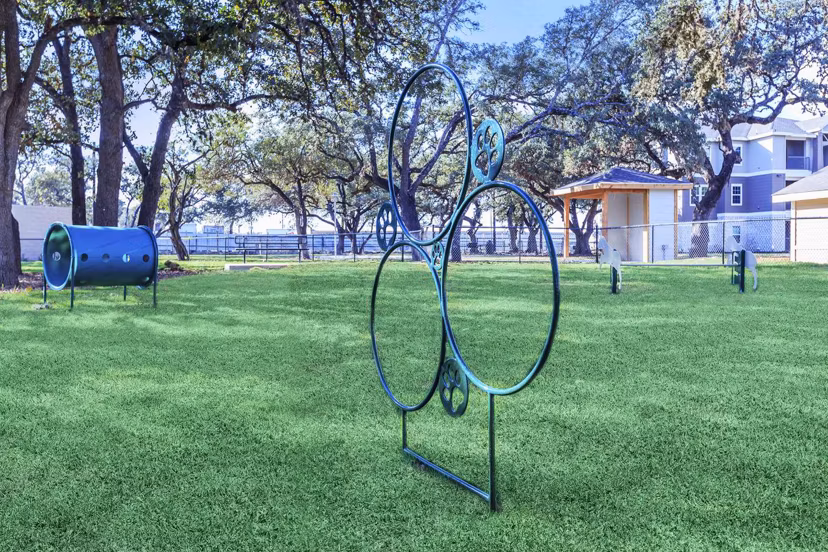 Dog park with agility equipment at Vantage at Boerne Apartments offering a pet-friendly community lifestyle