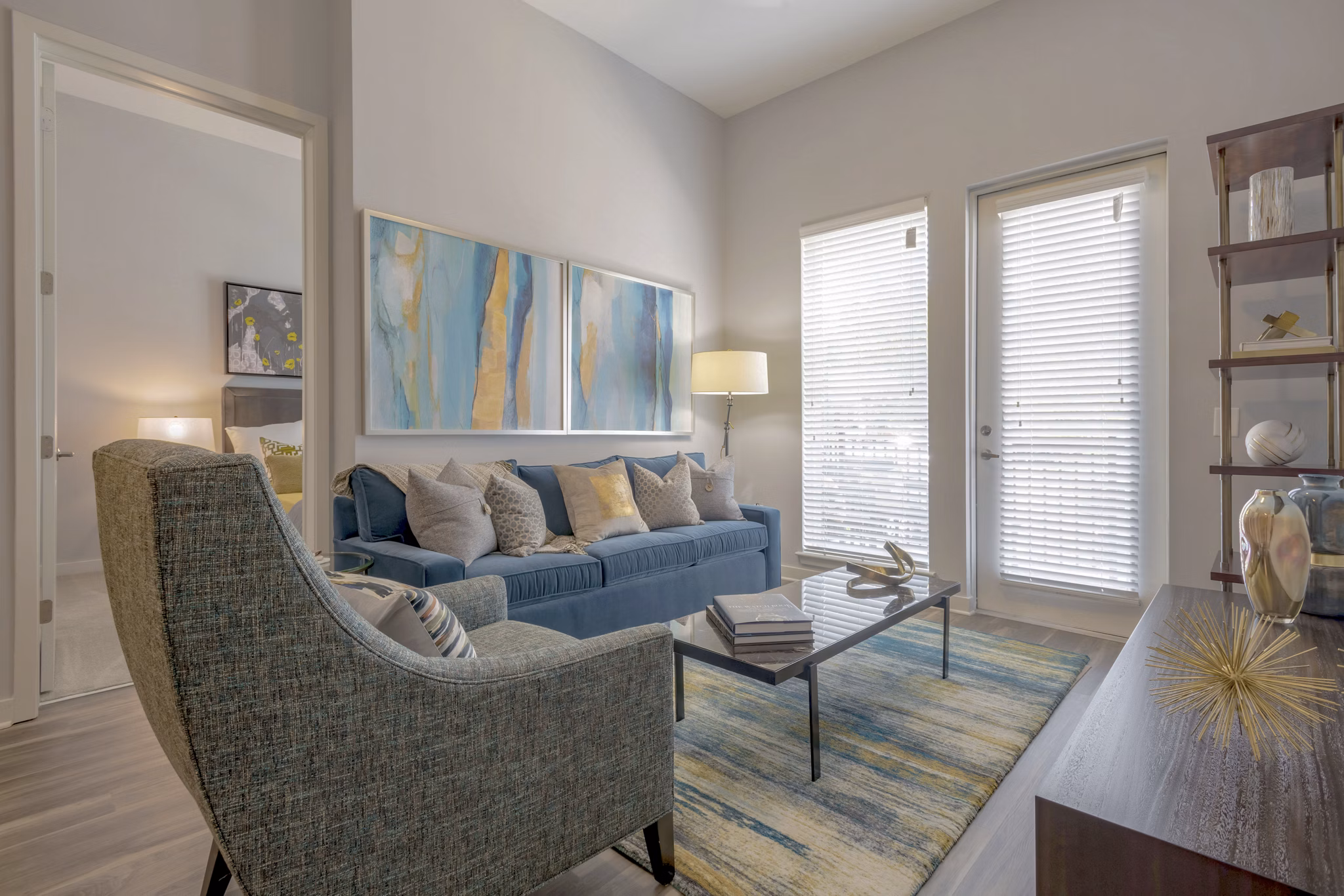 Spacious living room with modern decor in Aston City Springs Apartments