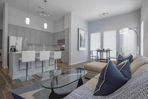 Modern living room with elegant furniture and abundant natural light at Aston City Springs Apartments