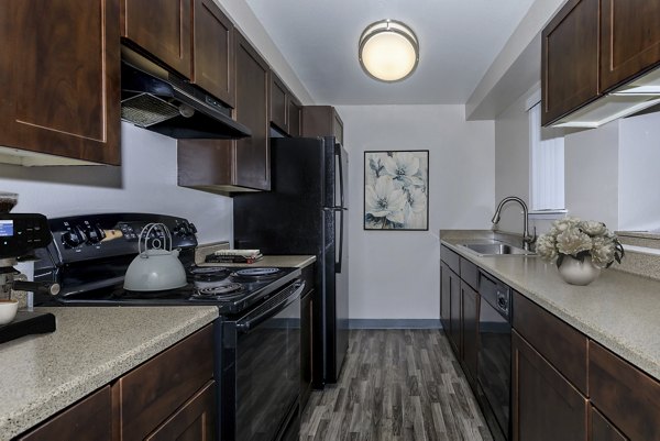 Modern kitchen with stainless steel appliances and granite countertops in Alvista 240 luxury apartments