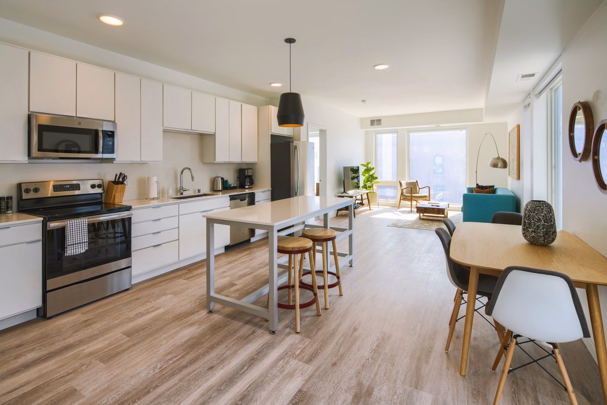 Modern kitchen with stainless steel appliances at Second and Second Apartments