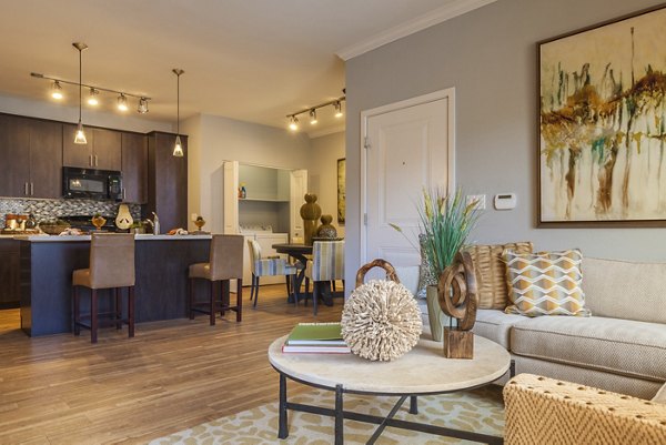 Living room with contemporary design and natural light at SkyStone Apartments
