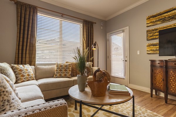 Contemporary living room with modern decor and large windows in SkyStone Apartments