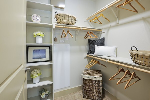 Walk-in closet with ample shelving in bedroom at 422 at the Lake Apartments