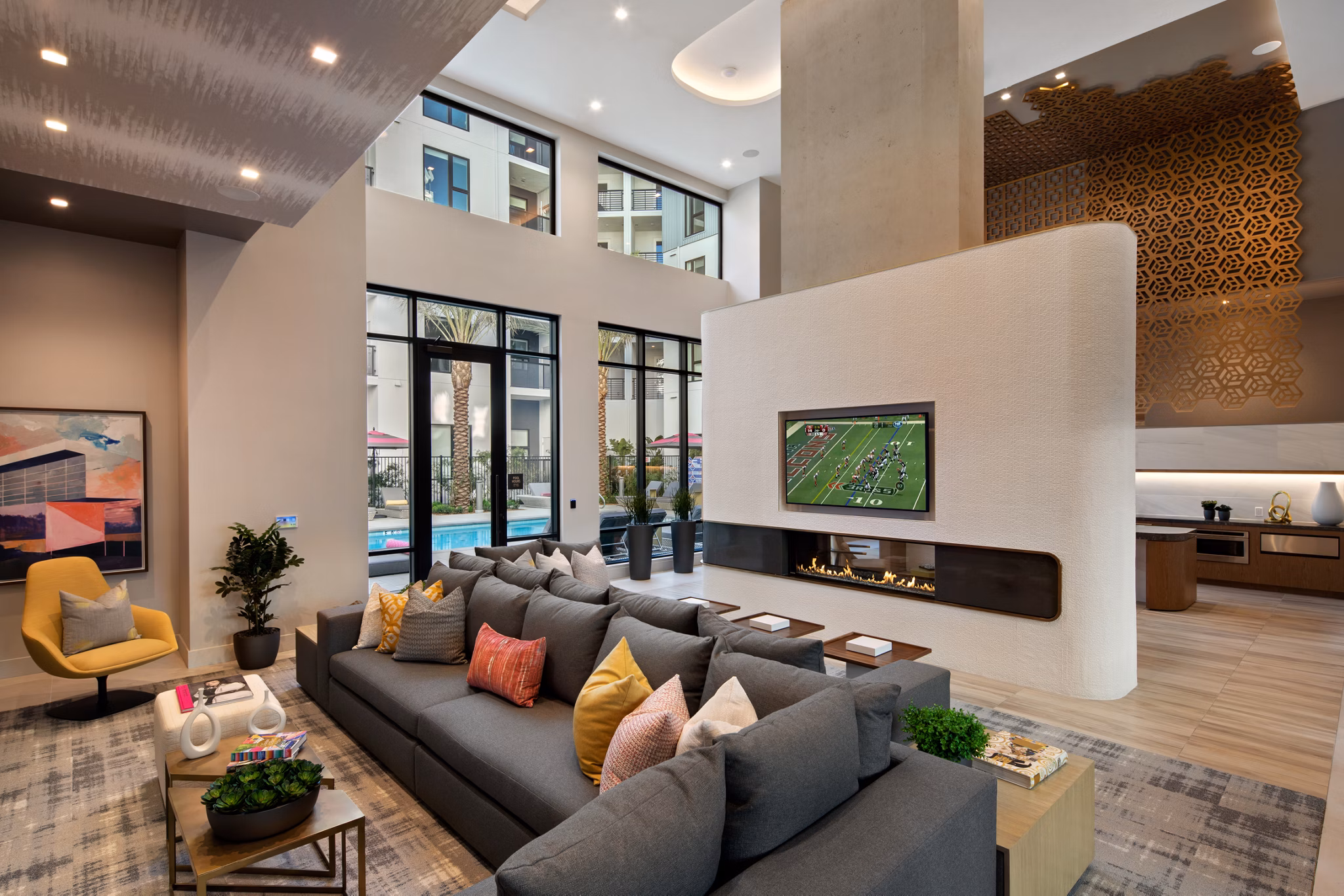 Elegant clubhouse featuring modern design elements at Savoy Apartments, a luxury community by Greystar