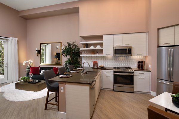 Modern kitchen featuring stainless steel appliances and granite countertops in Savoy Apartments