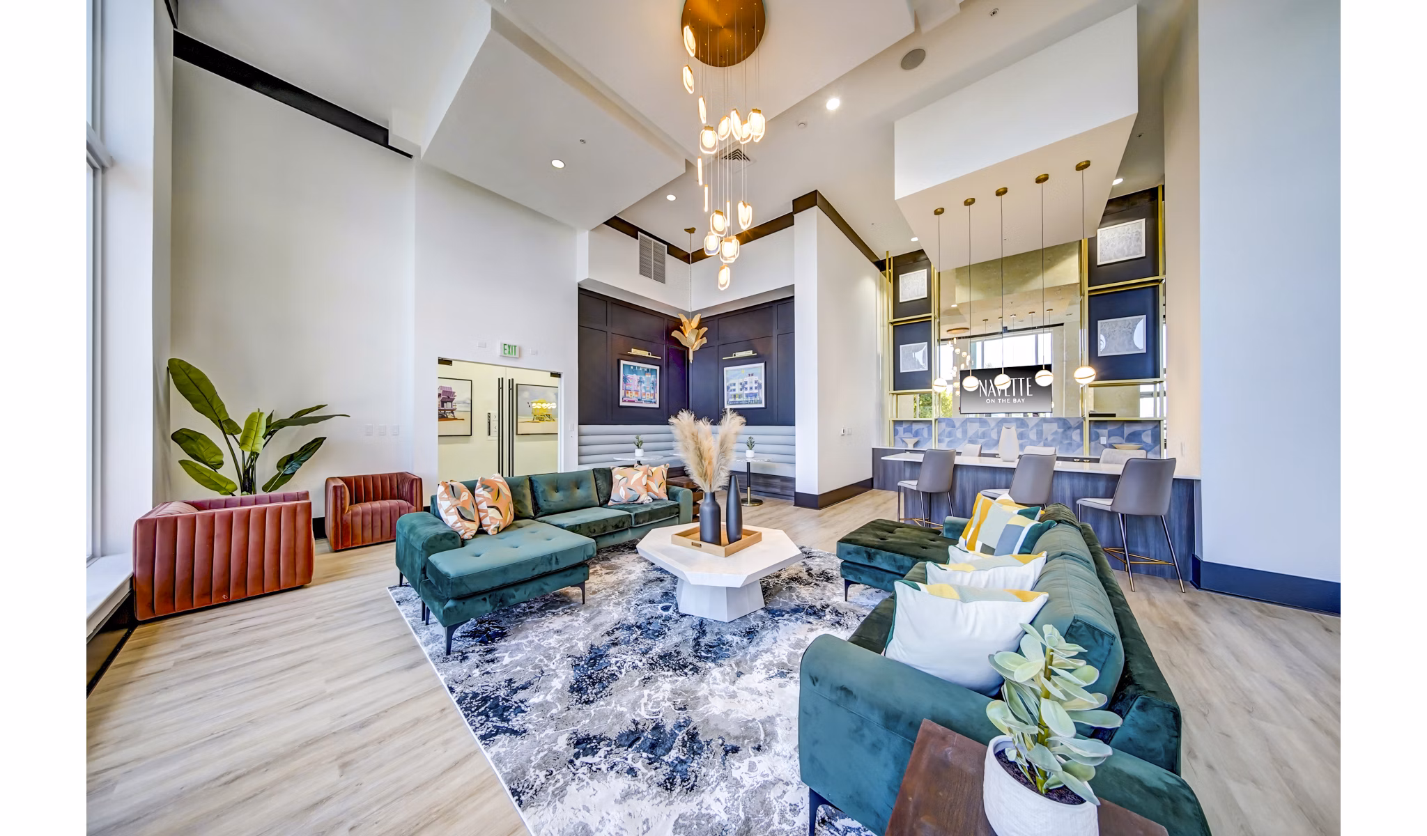 Clubhouse featuring modern design elements at Navette on the Bay Apartments with luxury amenities and vibrant social spaces