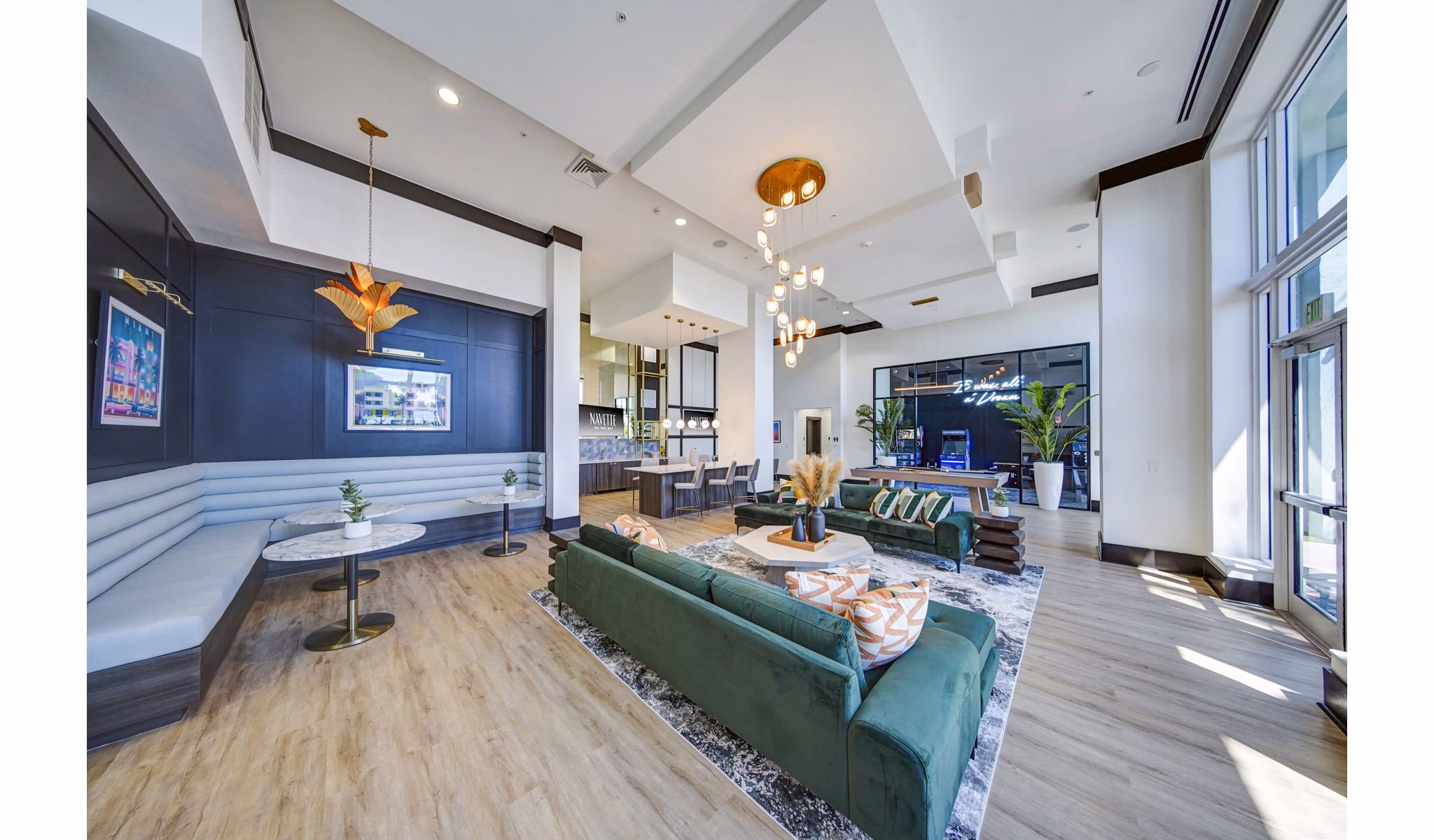 Clubhouse featuring modern design and lounge spaces at Navette on the Bay Apartments