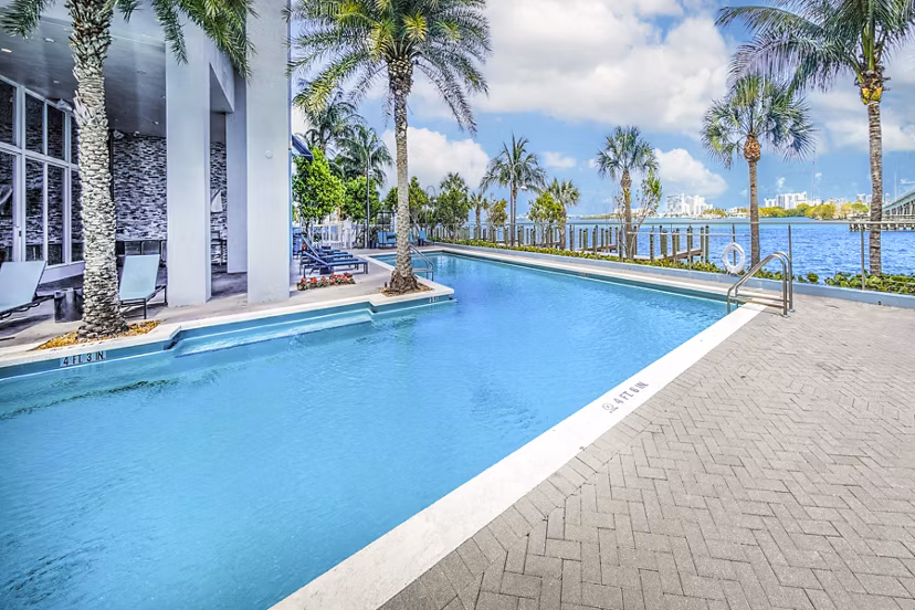 Luxury pool with stunning bay views at Navette on the Bay Apartments Enjoy relaxation and recreation in this premier waterfront community