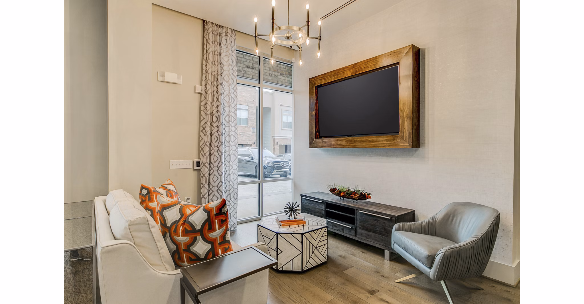 Elegant clubhouse at Eastbank Riverwalk Apartments boasting modern design and cozy seating, perfect for community gatherings or relaxation