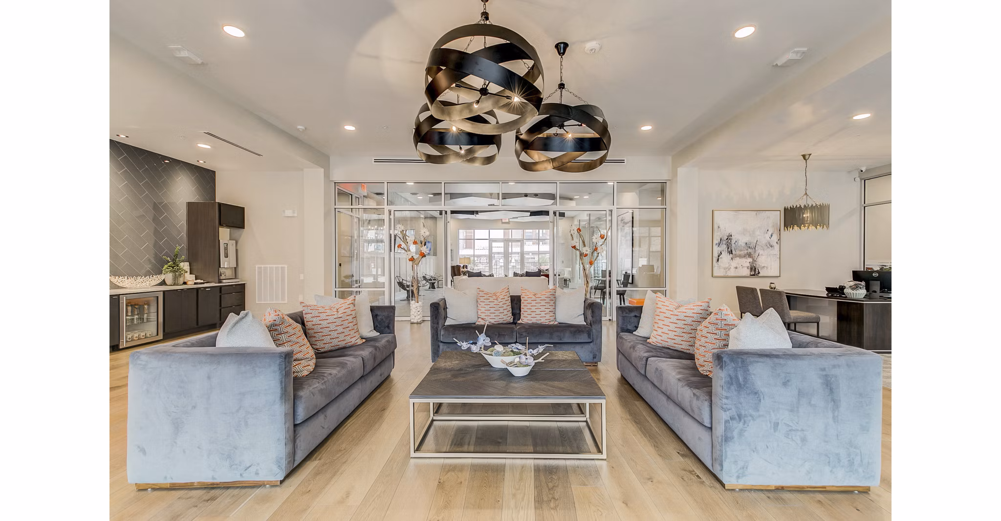 Clubhouse featuring modern design and social spaces at Eastbank Riverwalk Apartments