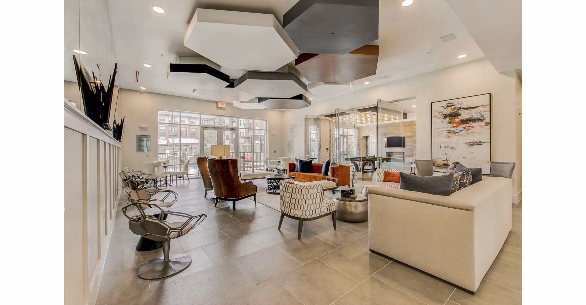 Clubhouse featuring modern design and community spaces at Eastbank Riverwalk Apartments