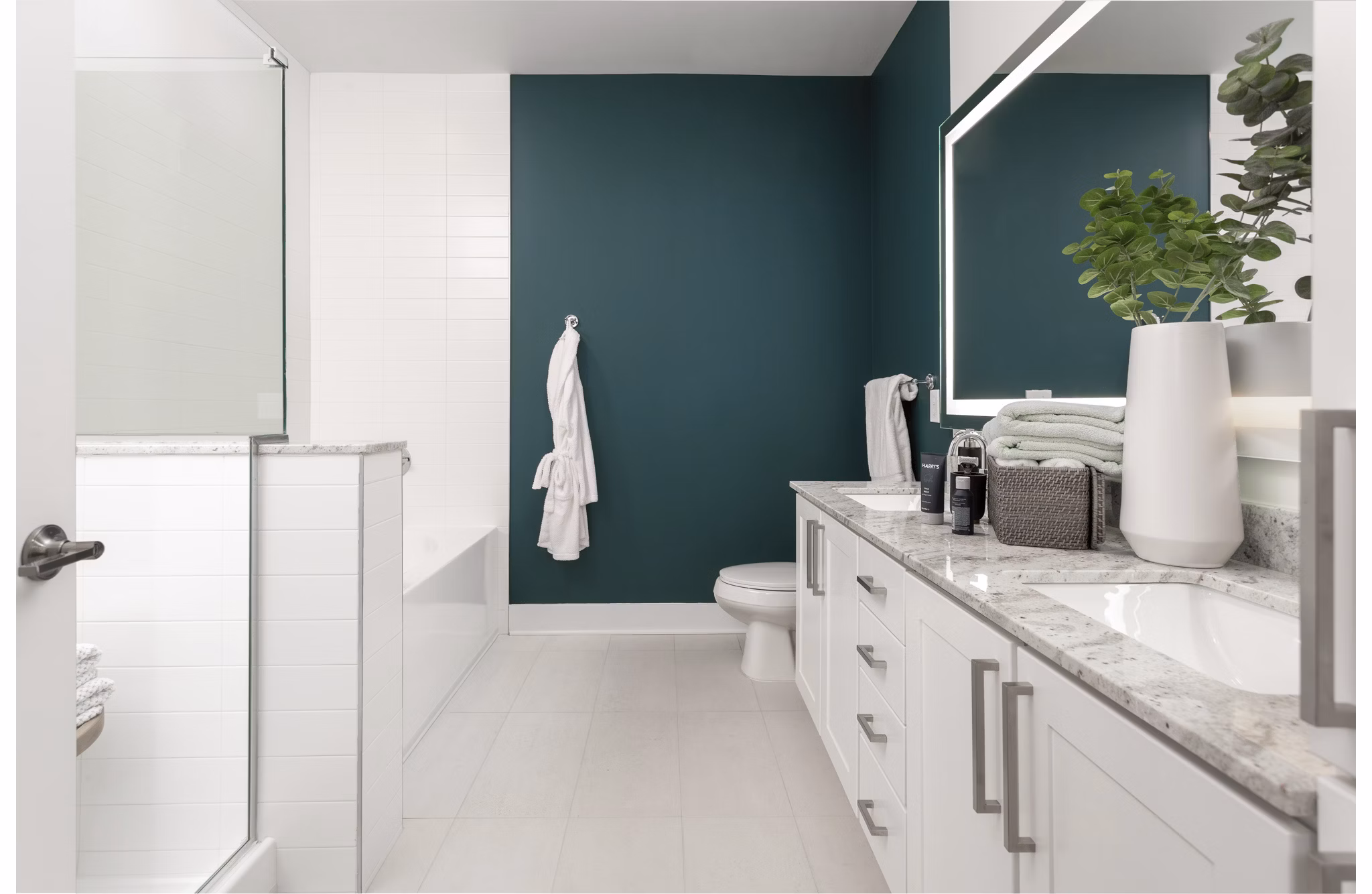 Modern bathroom with elegant fixtures at Elan Madison Yards Apartments, luxury living in a vibrant community setting