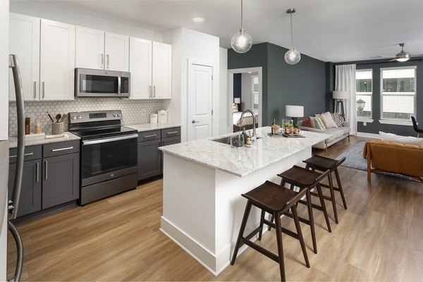 Modern kitchen featuring stainless steel appliances in Elan Madison Yards Apartments