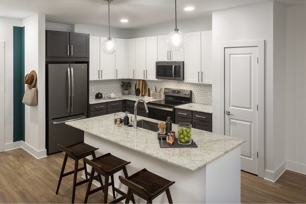 Modern kitchen with sleek countertops and stainless appliances in Elan Madison Yards Apartments, a luxury living space