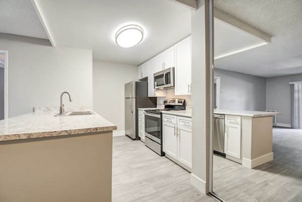 Modern kitchen with stainless steel appliances in Presidio at Rancho Del Oro Apartments