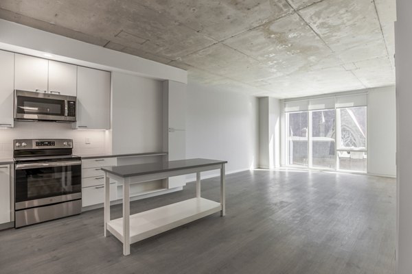 Modern kitchen with stainless steel appliances at The Chestnut Apartments, a luxury Greystar property