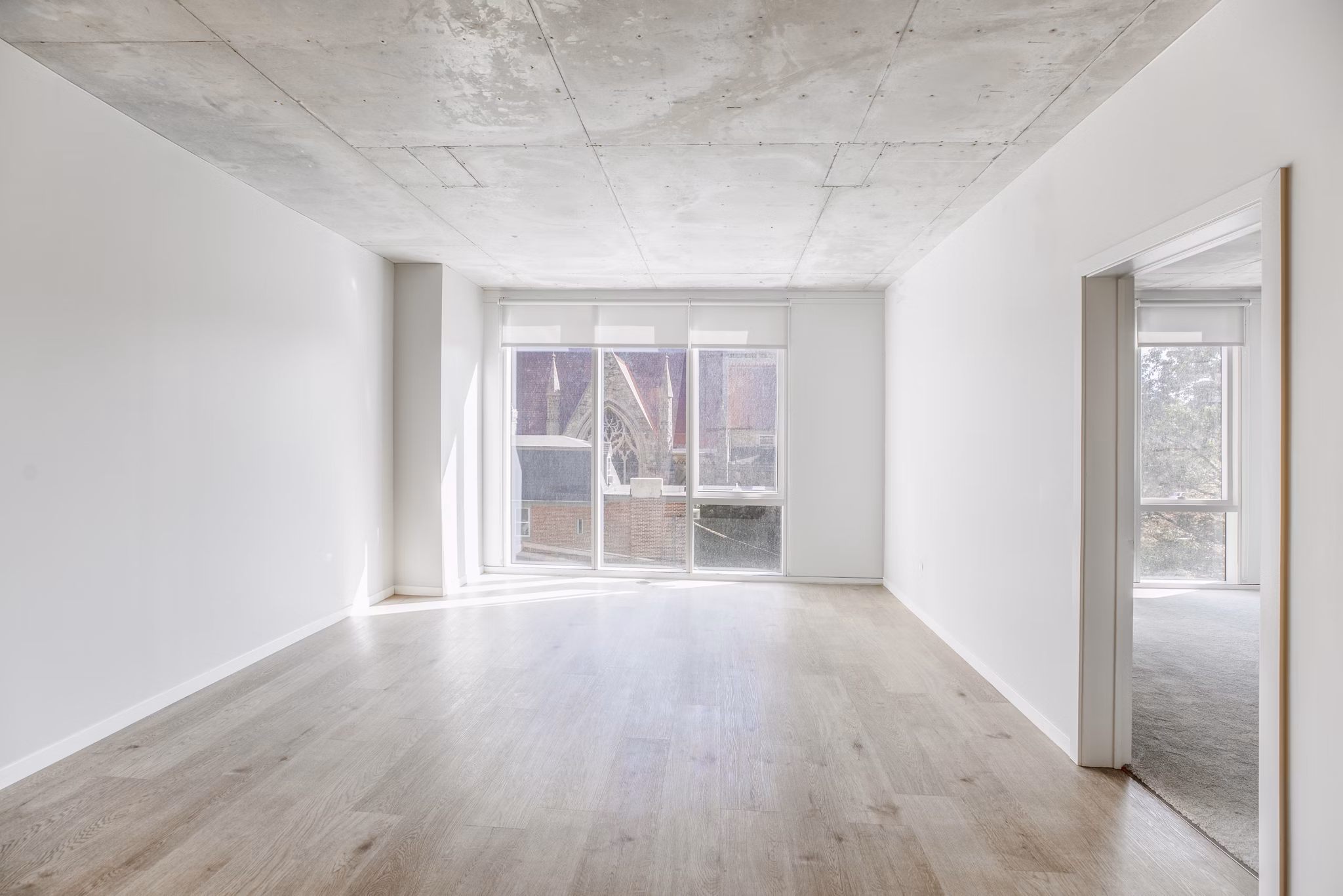 Spacious living room with modern decor at The Chestnut Apartments