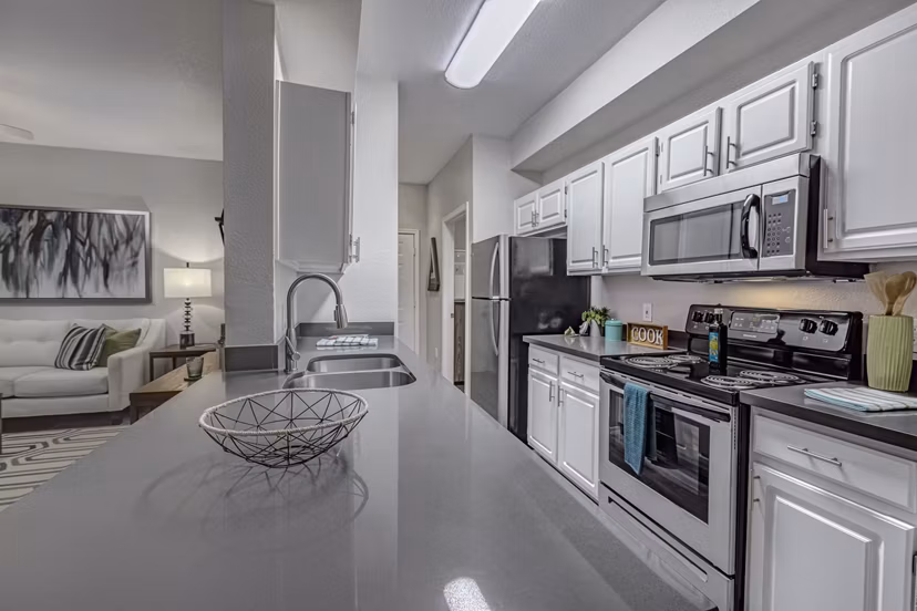 Modern kitchen featuring stainless steel appliances at Springs at Continental Ranch Apartments
