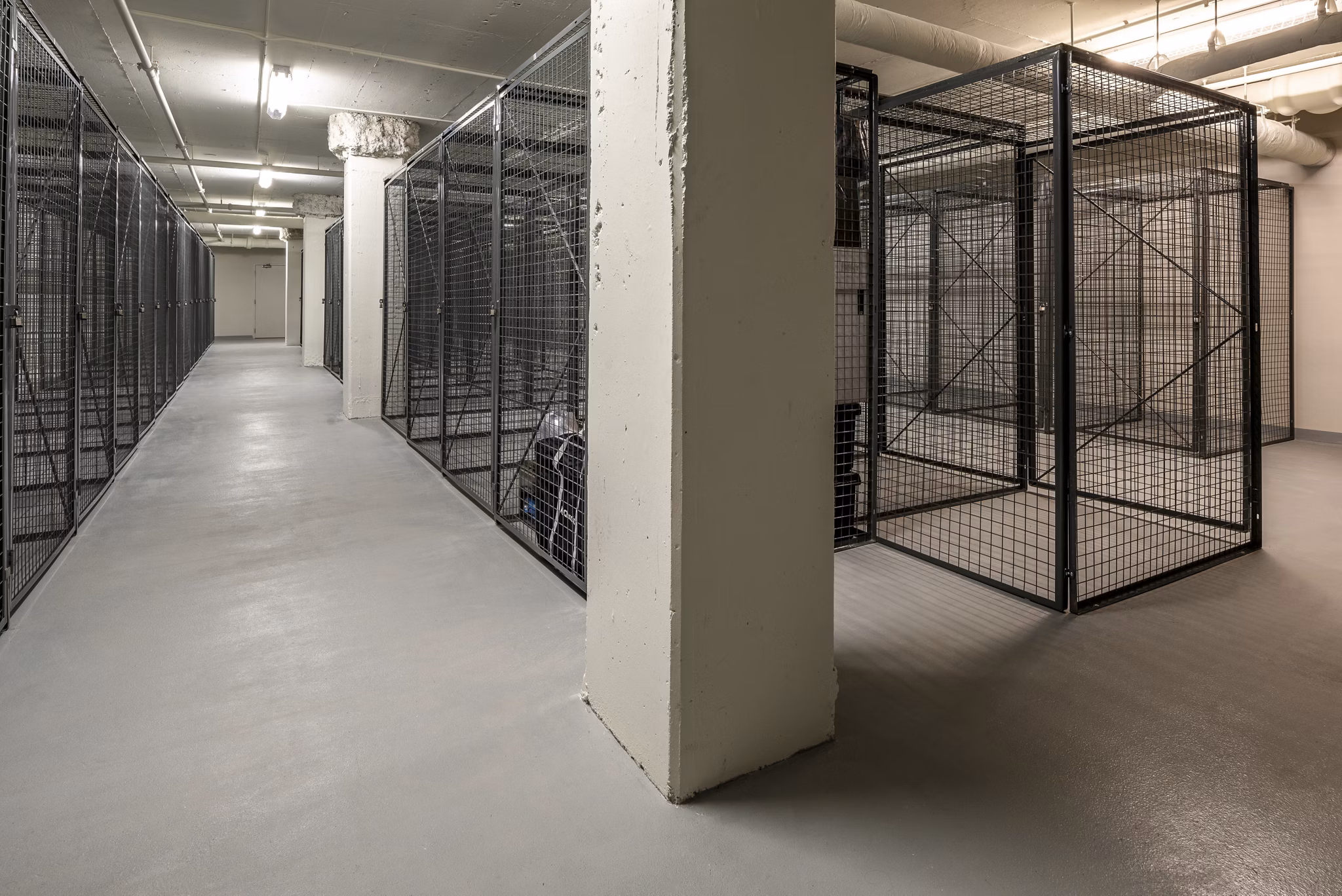 Storage area featuring wire mesh storage cages in luxury apartment community